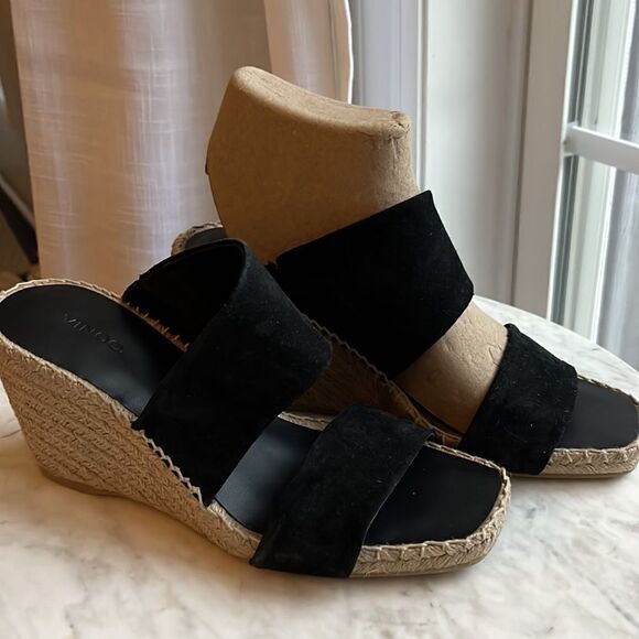 VINCE Black Jute Wrapped Asymmetrical Garlin Wedge Slip On Sandals, 8.5, NWOB - Picture 3 of 6